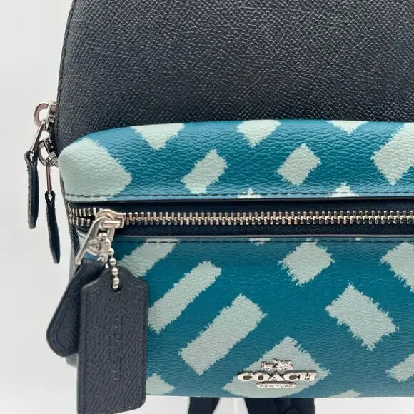 COACH NWOT Charlie Mini Wild Plaid Leather Backpack, Blue, $328 Retail - Picture 3 of 11